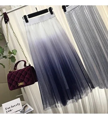 Long Tulle Skirt Women 2019 Autumn Gradient Korean Elegant High Waist A-line Pleated School Midi Skirt Female