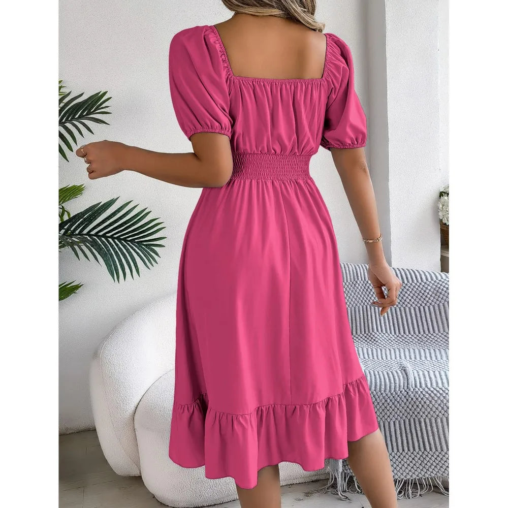 Women's MIidi Dresses 2024 Summer Casual Square Neck Short Sleeved Waist Ruffle Edge Dress Dress Women Elegant Платья Женские