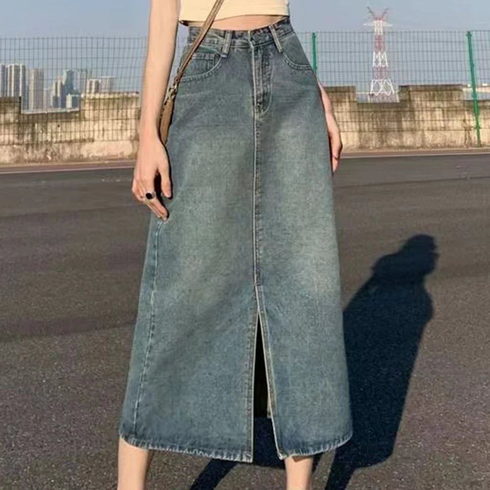 Women's Long Denim-Skirts High Wasit Jeans Skirt Straight Side Split A-line Pencil Skirts Lady Hip-covering Straight Long Skirt