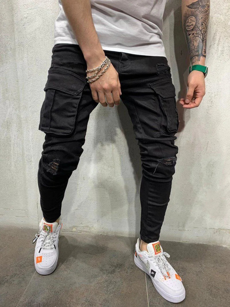 Mens Stretchy Skinny Ripped Jeans Men Side Pocket Washed Slim Denim Pants Biker Jeans Fashion Sweatpants Hip Hop Trousers Jogger