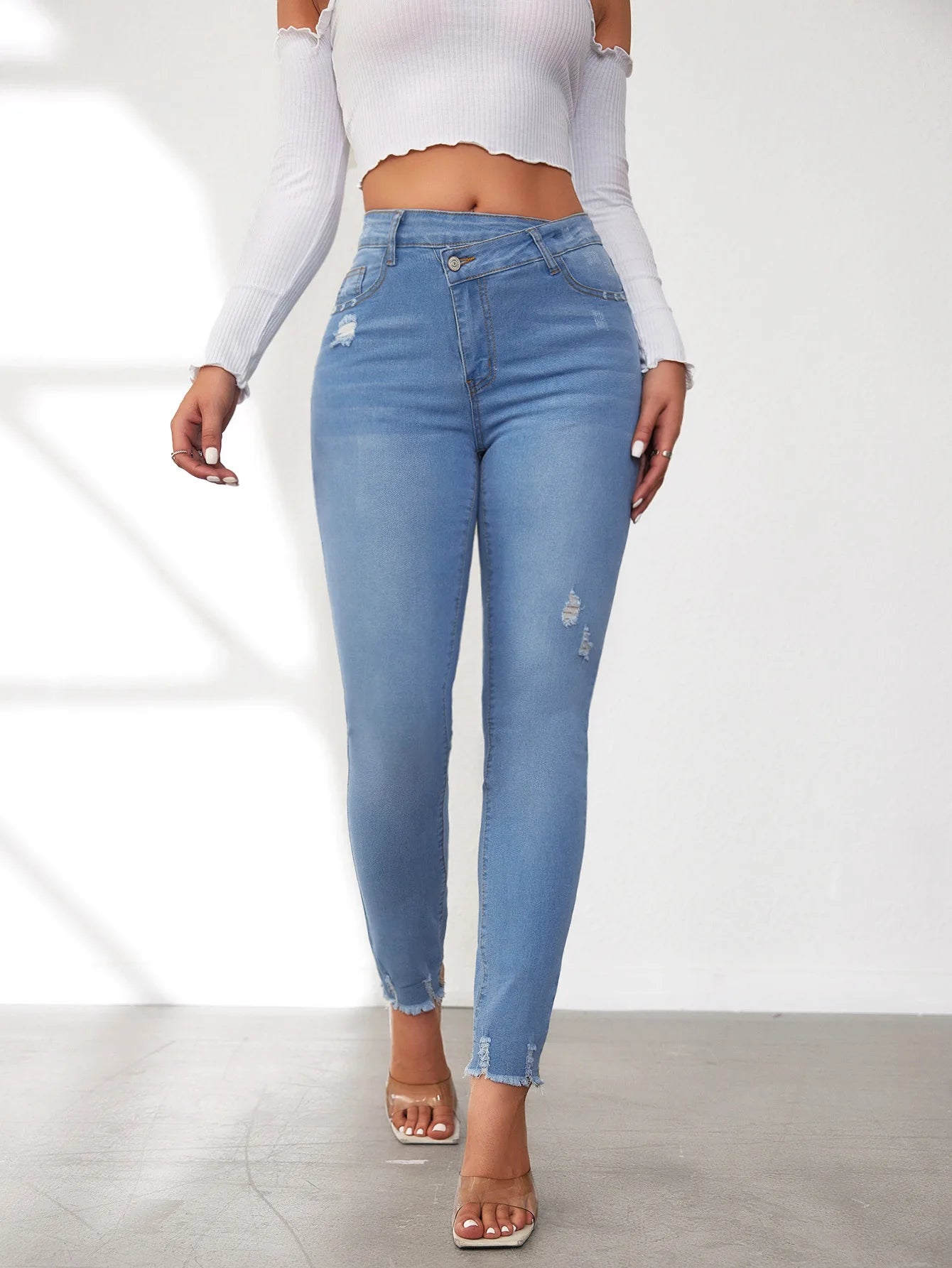 Ripped Ankle Length Denim Pants Women Sheath Pencil Jeans Solid High Waist Washed Vintage Distressed Pockets Slim Fit Basics