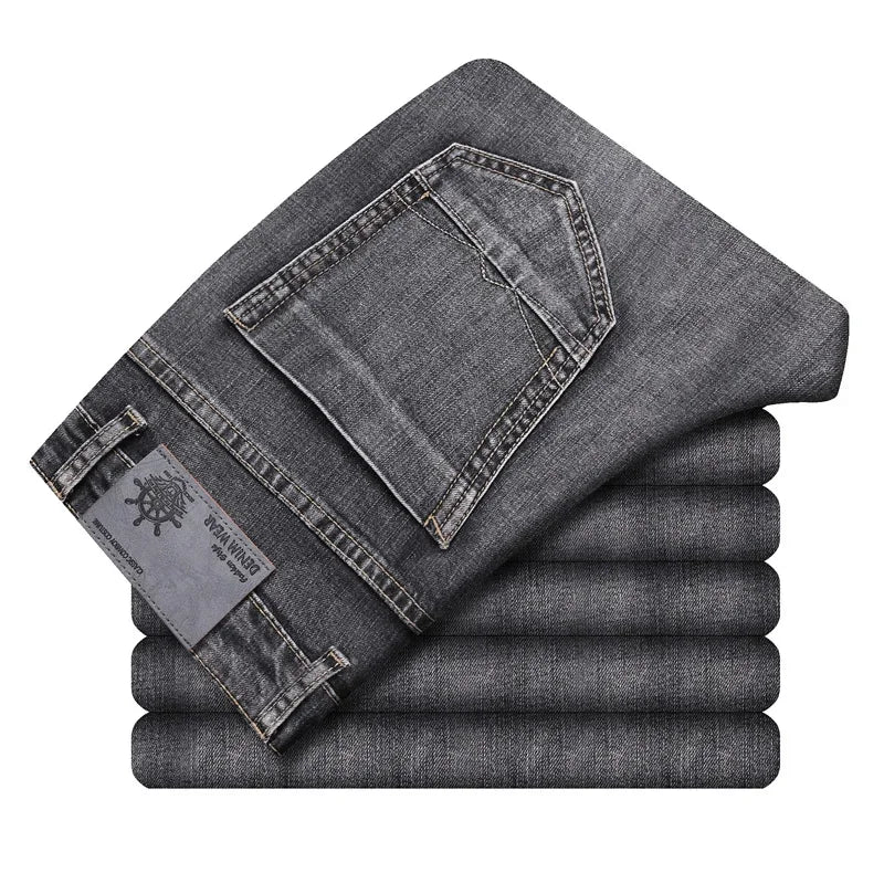 Cotton Stretch Jeans Business Casual Men's Thin Denim Jeans Grey Spring Summer Brand New Fit Straight Lightweight