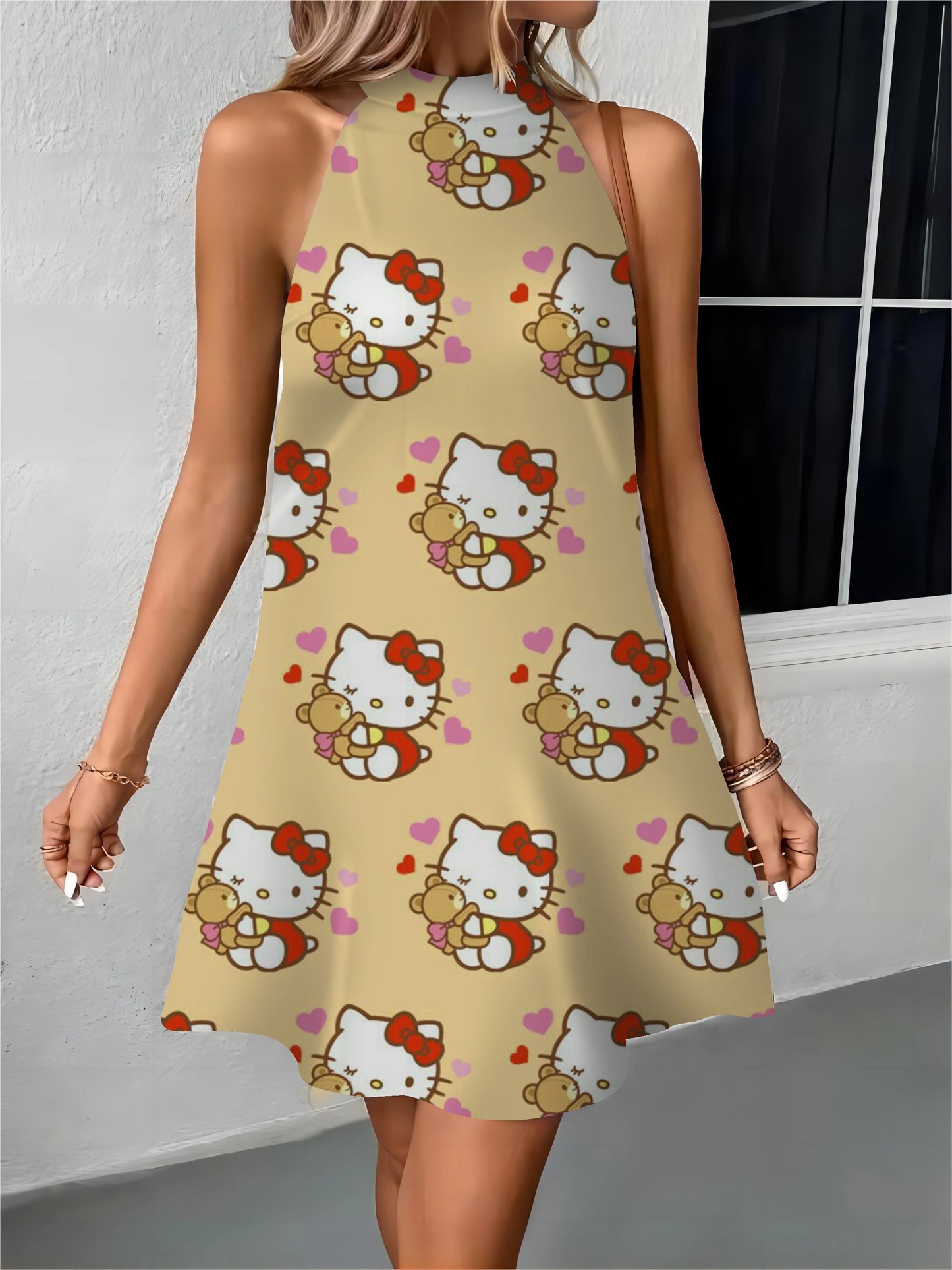 Beach Female Women's Dress Off Shoulder Midi Dresses Hello Kitty Bow Knot Apron Womens Fashion Summer 2024 Elegant Party Evening