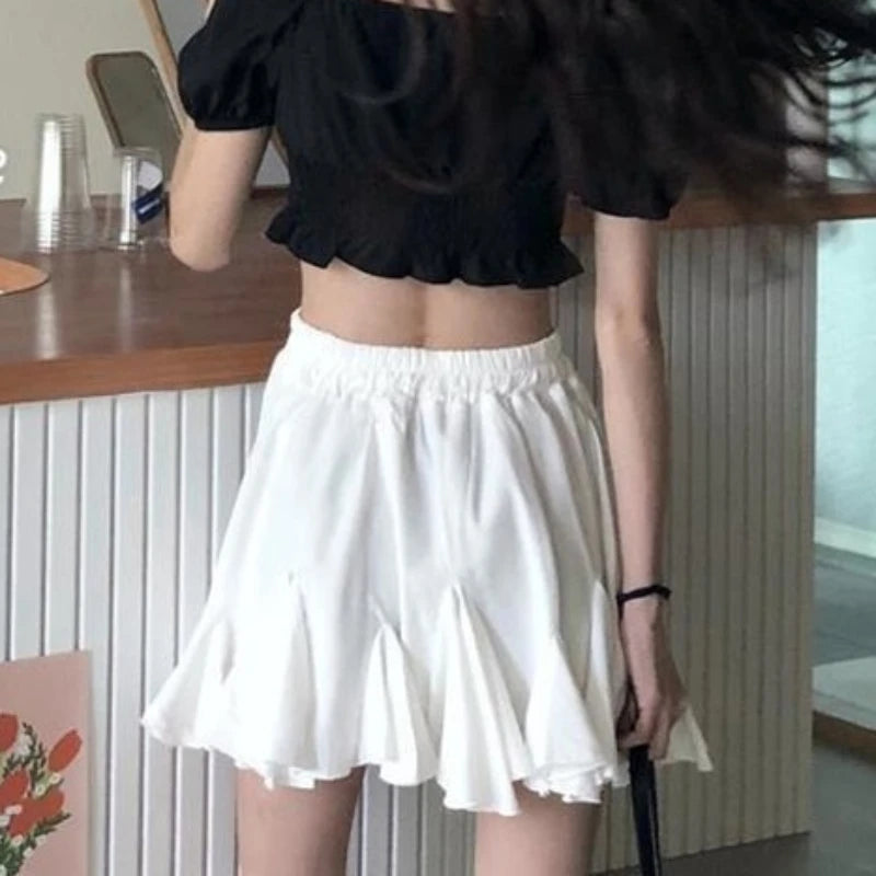 A-line Skirts Women High Waist Sweet Ins Korean Fashion Temperament Anti-exposure Ruffles All-match Students Summer Casual Mini