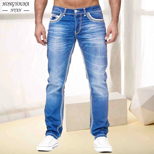 Fashion Black Slim Men Jeans Male Clothing Streetwear Daily Business Casual Trousers Solid Pockets Stretch Denim Straight Pants