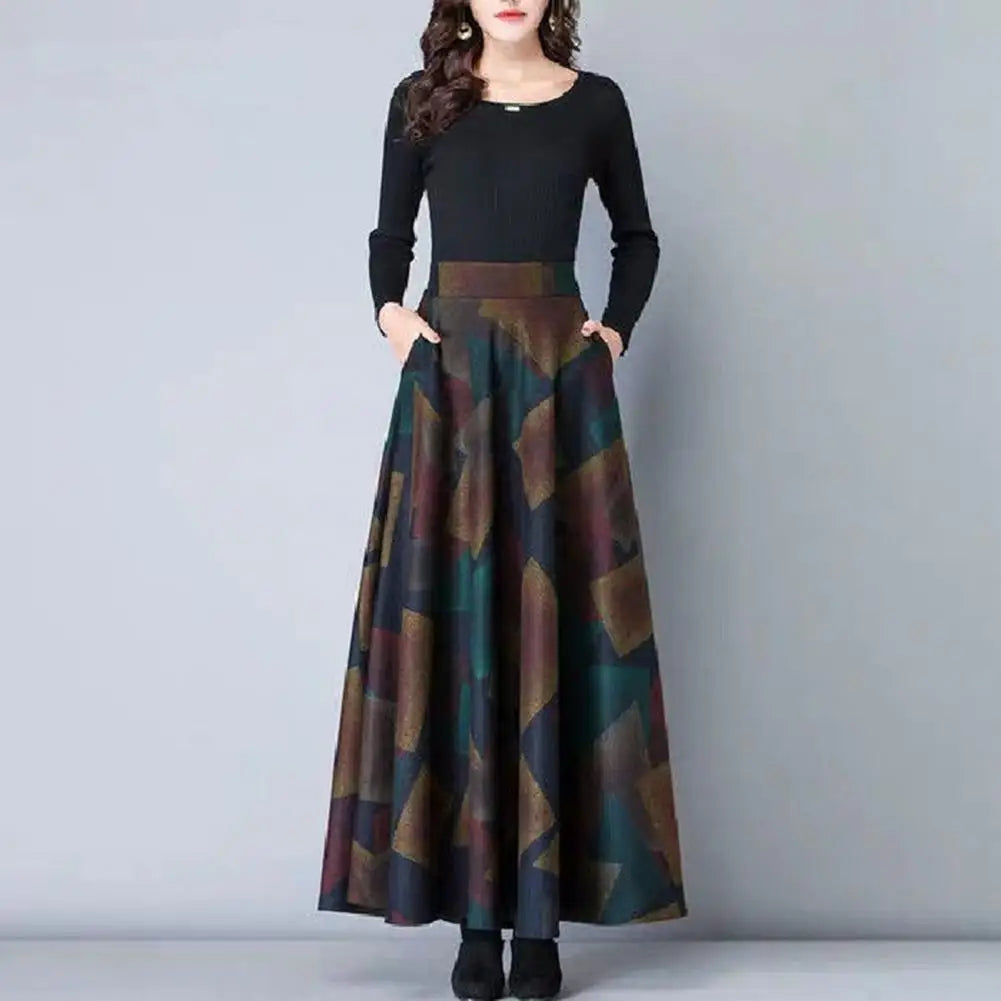 Fashion Office Skirt Temperament Skin-touching Women Square Plaid Print A-Line Office Skirt  Long Skirt    Retro Skirt