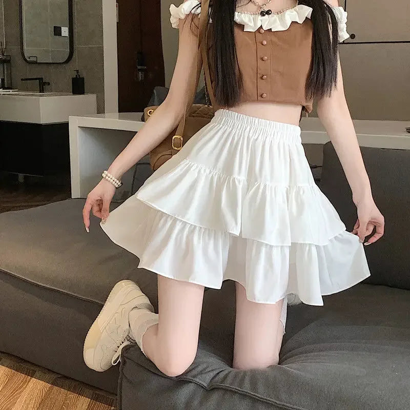 2024 New Ruffled Cake Skirts Women High Waist A-line Solid All-match Sweet Lovely Girl Korean Gentle Spring Kawaii Casual Skirts