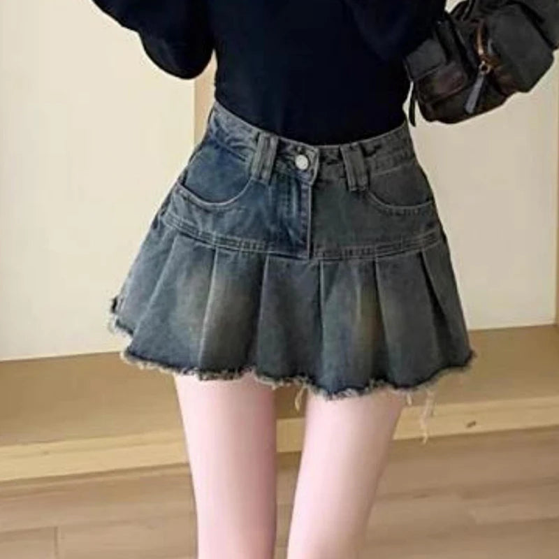 Fashionable And Sweet Korean Style High Waist Denim Pleated Skirt For Women