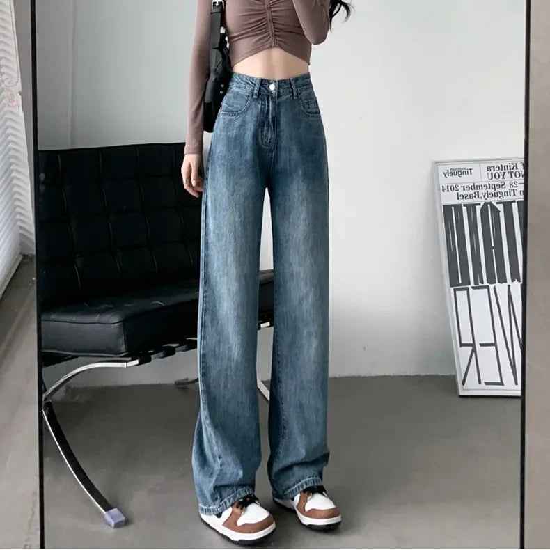 Baggy Jeans Women Vintage Blue High Waist Jeans for Women Wide-leg Pants Stretch Ladies Denim Pants Washed Trousers Streetwear