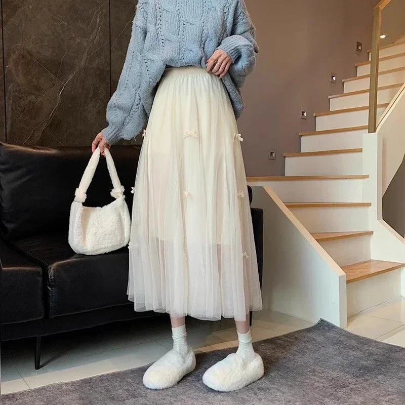 Elegant Black Tulle Skirts Women 2025 Fashion Casual High Waist Kawaii Skirt Adjust Waist Korean Mid Length Pleated Skirts Bow