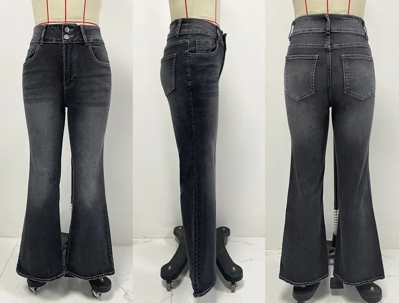 Jeans Flare Pant Women Denim Long Pants Bodycon Casual Y2k Elegant Vintage Button Pocket Straight Trousers Zipper Streetwear