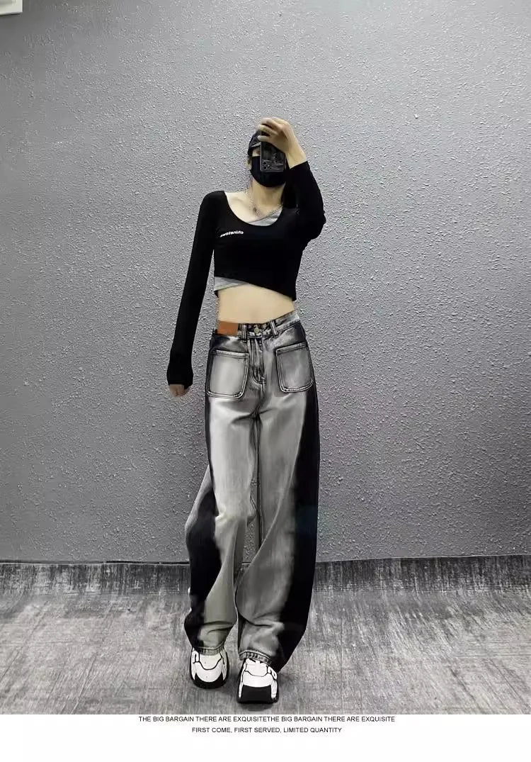 Women Patchwork Jeans Distressed High Waist Denim Wide Leg Pants Streetwear Female Vintage Denims Autumn Trousers Floor Length