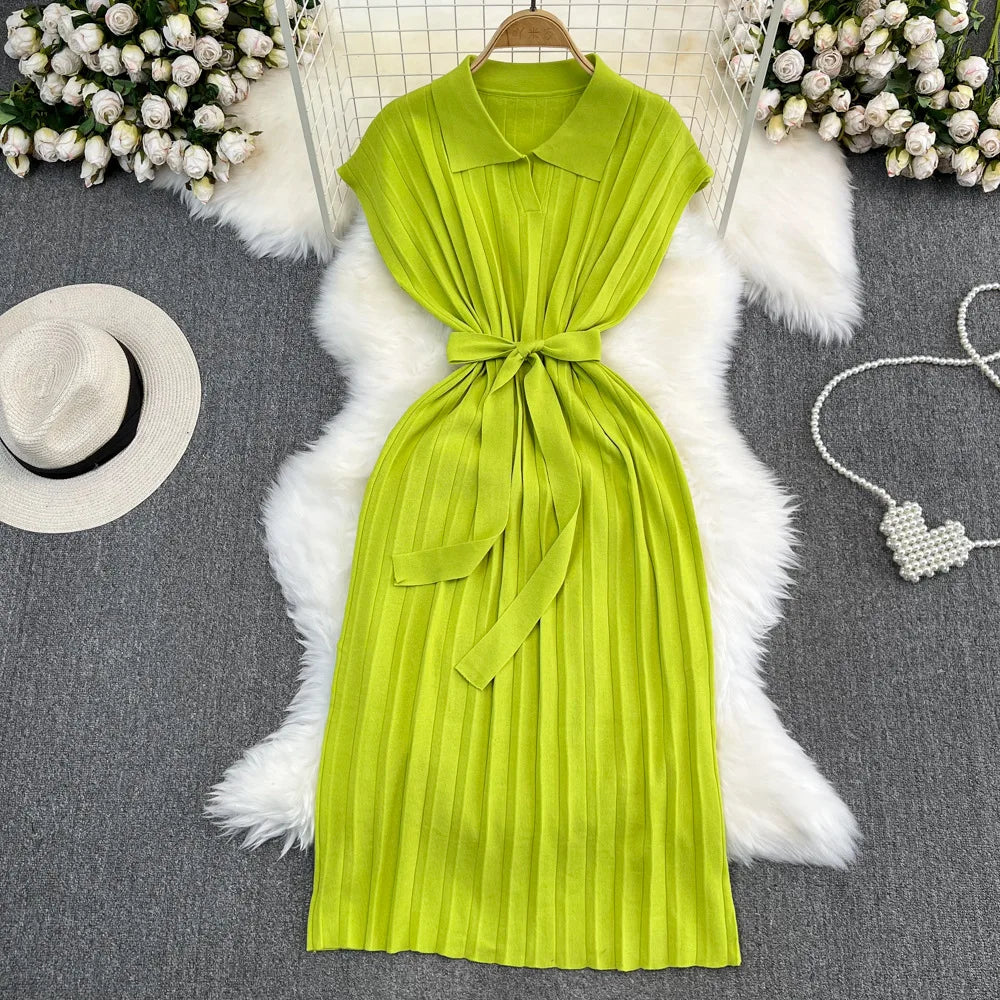 Dress Women Long Dresses Knitted Lace Up Tight Waist Polo Neck Solid Slim Fit Short Sleeve Vestidos Elegant Splice Summer