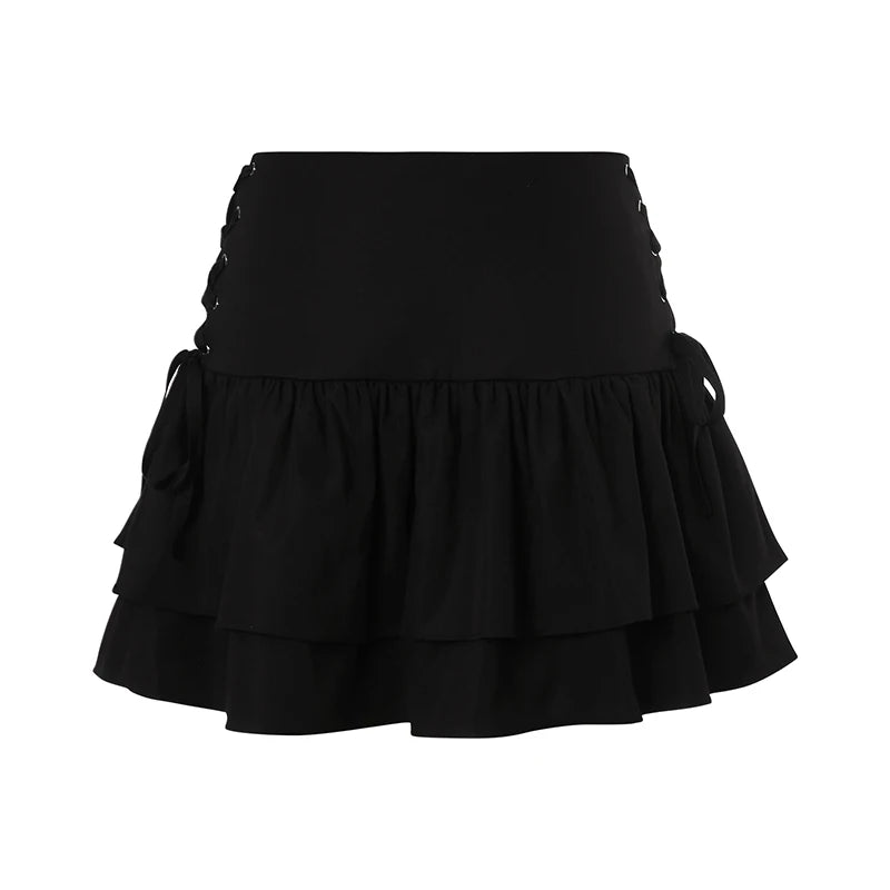 Women s Ruffle Mini Skirt High Waist Solid Color Criss Cross Tie Up A-Line Short Skirt