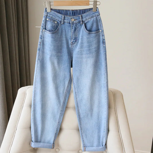 Bleached Jean Ankle Length Straight Denim Pants Women Harem Jeans Pockets Mid Waist Loose Fit Casual Solid Washed 2024