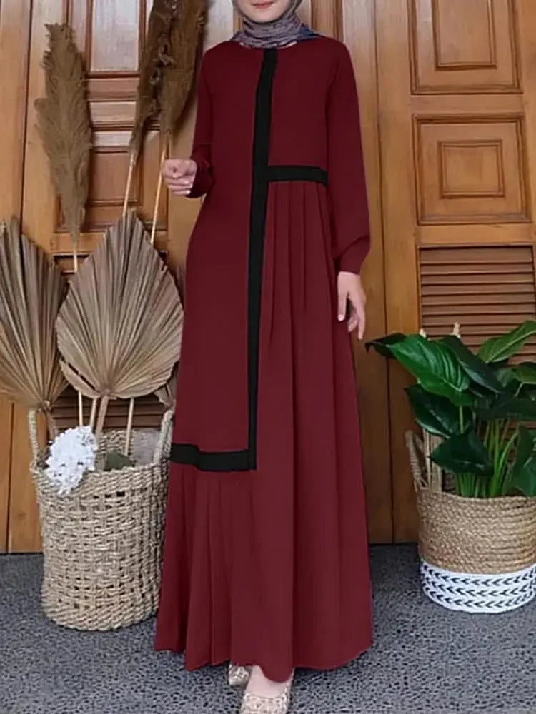 Fashion Patchwork Pleated Long Dress for Women Muslim Contrast Color Abaya Puff Sleeve Casual Maxi Dress Arab Kaftan Robe Femme