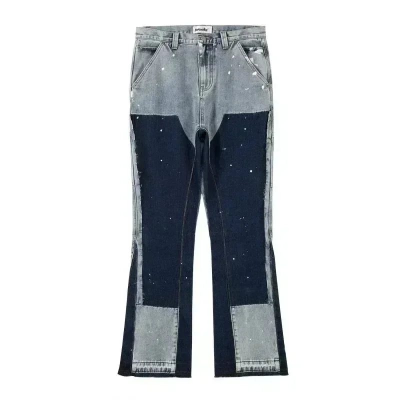 2024 European and American retro washed spliced denim loose trousers high street couple straight micro-flared jeans hot sale