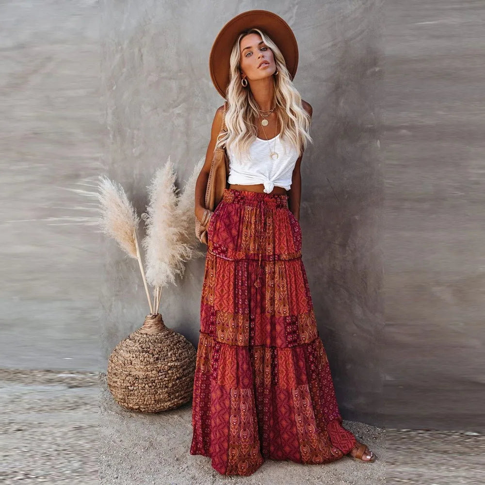 Womens Loose Long Boho Flowers High Elastic Waist With Pockets And Belt Maxi Skirt Pleated Skirt 2024 Summer Sexy Women Skirts