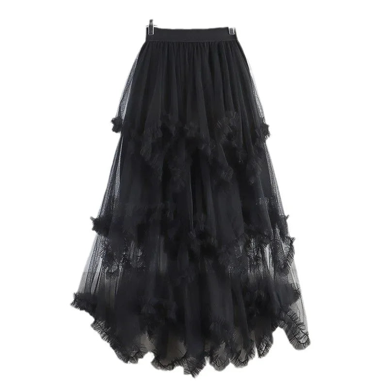 Summer Fashion Irregular Cake Tulle Skirt Women Sweet Midi Long High Waist A-line Skirt Female Mesh Party Evening Skirt