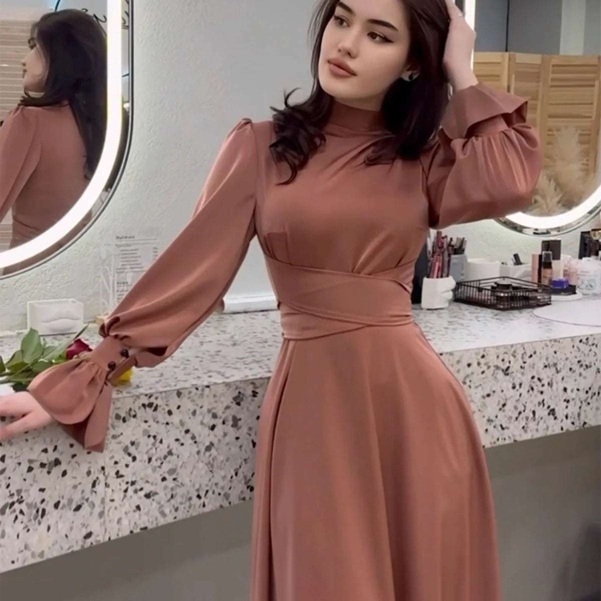 Satin Long Sleeves Dress for Women Elegant Temperament Dubai Abayas Casual Spring Muslim Dress Robe Femme Slim Evening Dresses