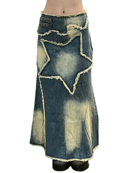 Women Casual High Waisted Long Denim Maxi Skirts y2k Vintage Star Frayed Hem Split A-Line Jean Skirts with Pockets Streetwear