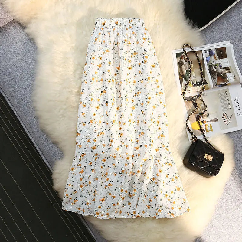 Women Floral Irregular Fishtail Skirt Summer High Waisted Slim Shirring Loose Lacing Casual All-match Lady Chiffon Skirt Fashion