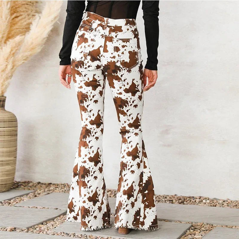 Women's Spring and Autumn Fashion Printed Micro-flared High-waisted Jeans, Slim-fit Bell-bottoms Printed Reach The Ground Jeans