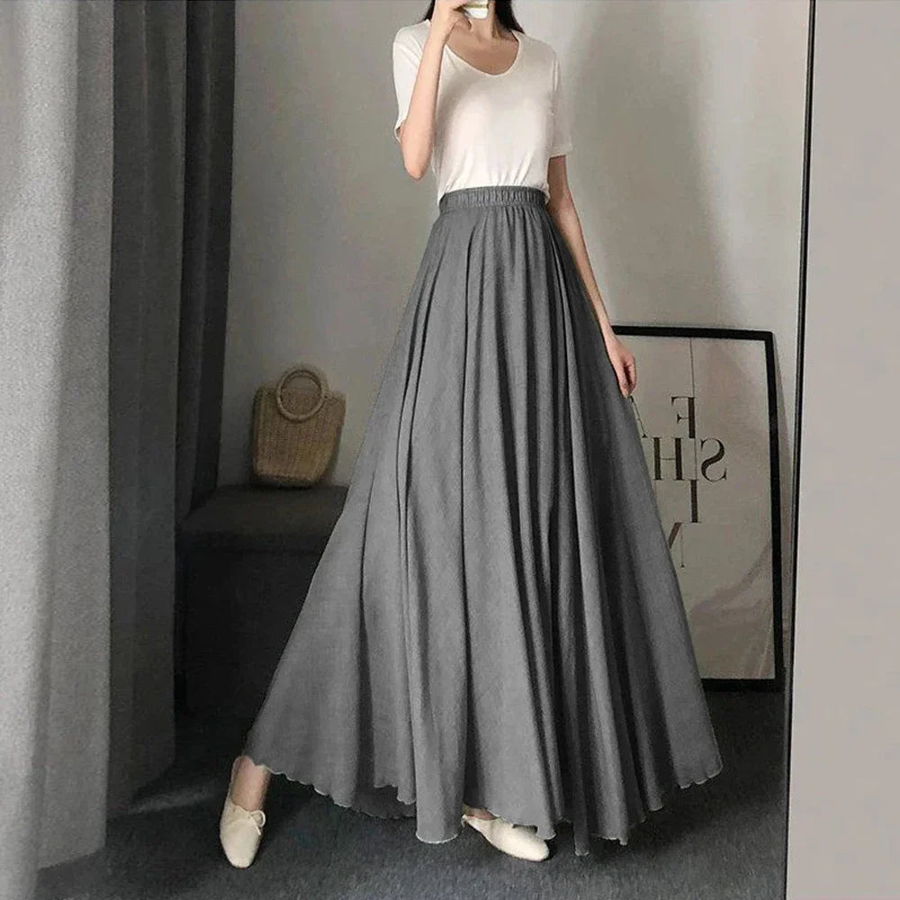 Casual Cotton Linen Effect Pleated Midi Skirt Ladies Elastic Waist A-line Wave Sun Skirt Women Black White Solid Elegant Skirts