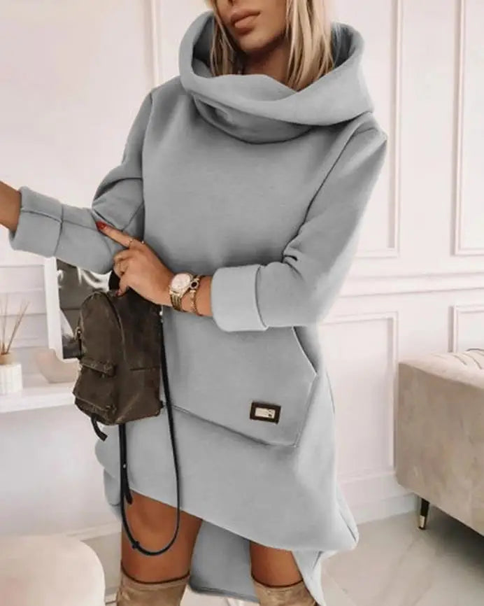 Woman High Neck Long Sleeve Sweatshirt Casual Dress Temperament Commuting Women's Clothing New Autumn Mini Simple Female Dresses