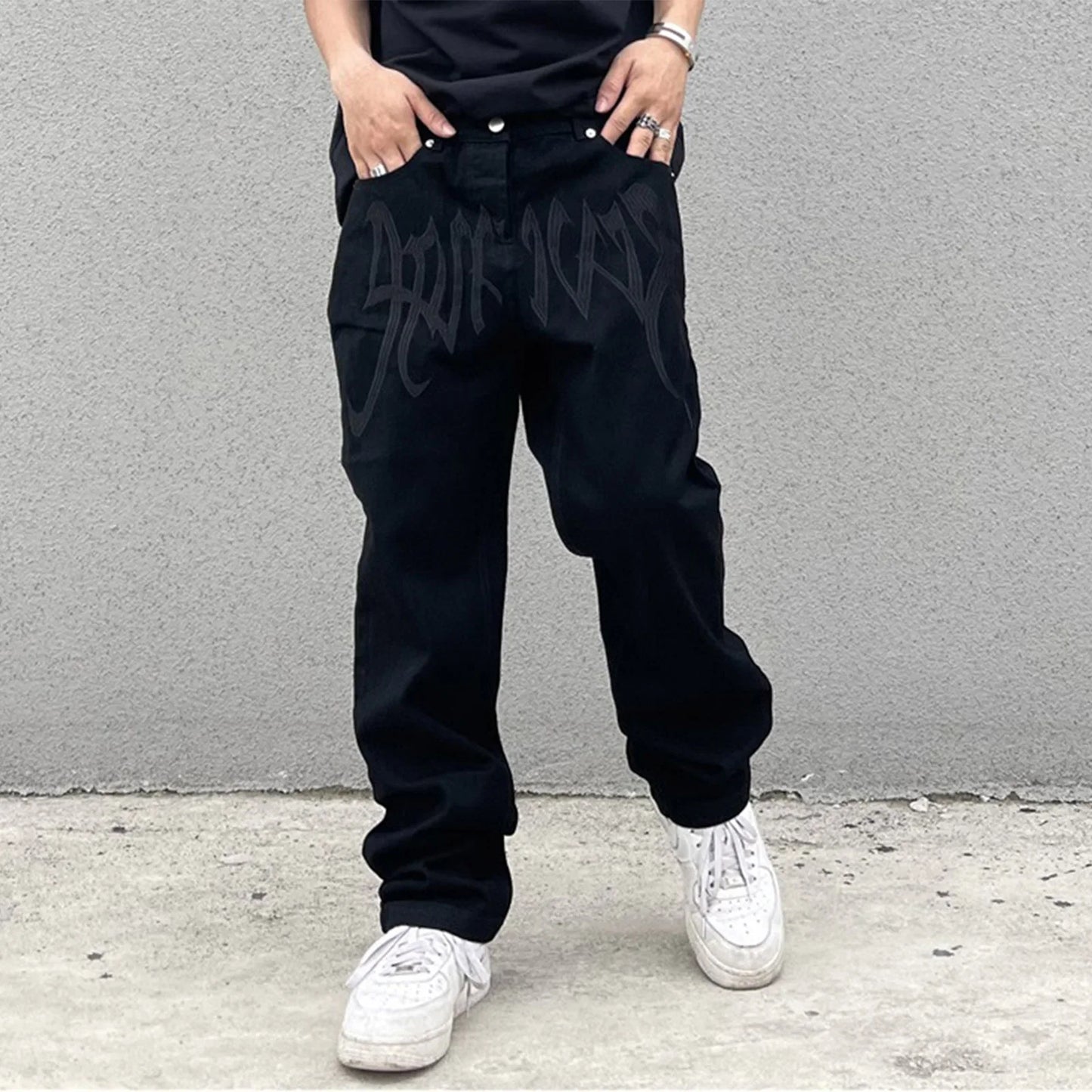 Men Y2K Embroidered High-waisted Straight Baggy Printed Jeans Hip Hop Teenager Boy Streetwear Skateboard Casual denim Trousers