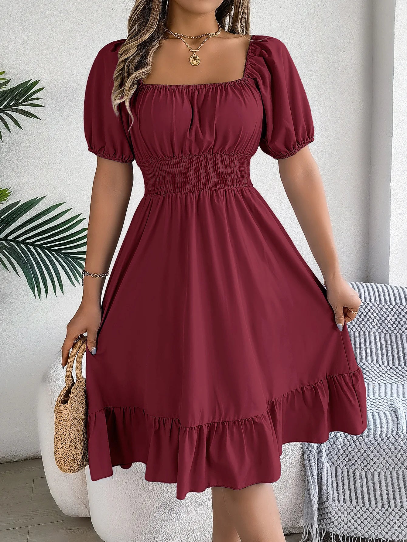 Women's MIidi Dresses 2024 Summer Casual Square Neck Short Sleeved Waist Ruffle Edge Dress Dress Women Elegant Платья Женские