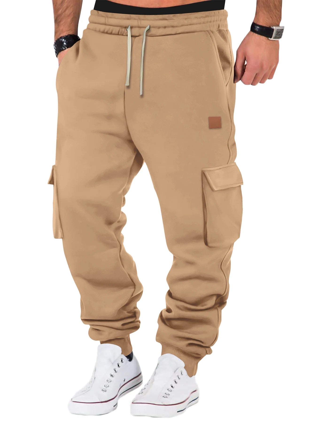 Men's Cotton Trouser Multi-Pocket Micro-elastic Sports Casual Pants Fitness Joggers Fleece Keep Warm Trousers Men Cargo Pants