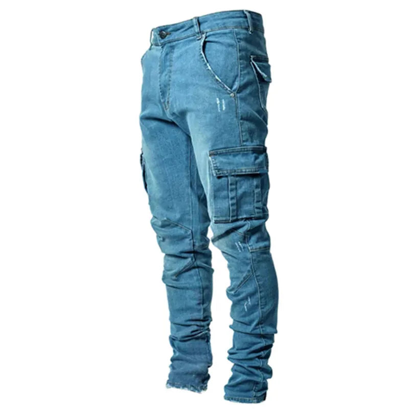 Mens Stretchy Skinny Ripped Jeans Men Side Pocket Washed Slim Denim Pants Biker Jeans Fashion Sweatpants Hip Hop Trousers Jogger