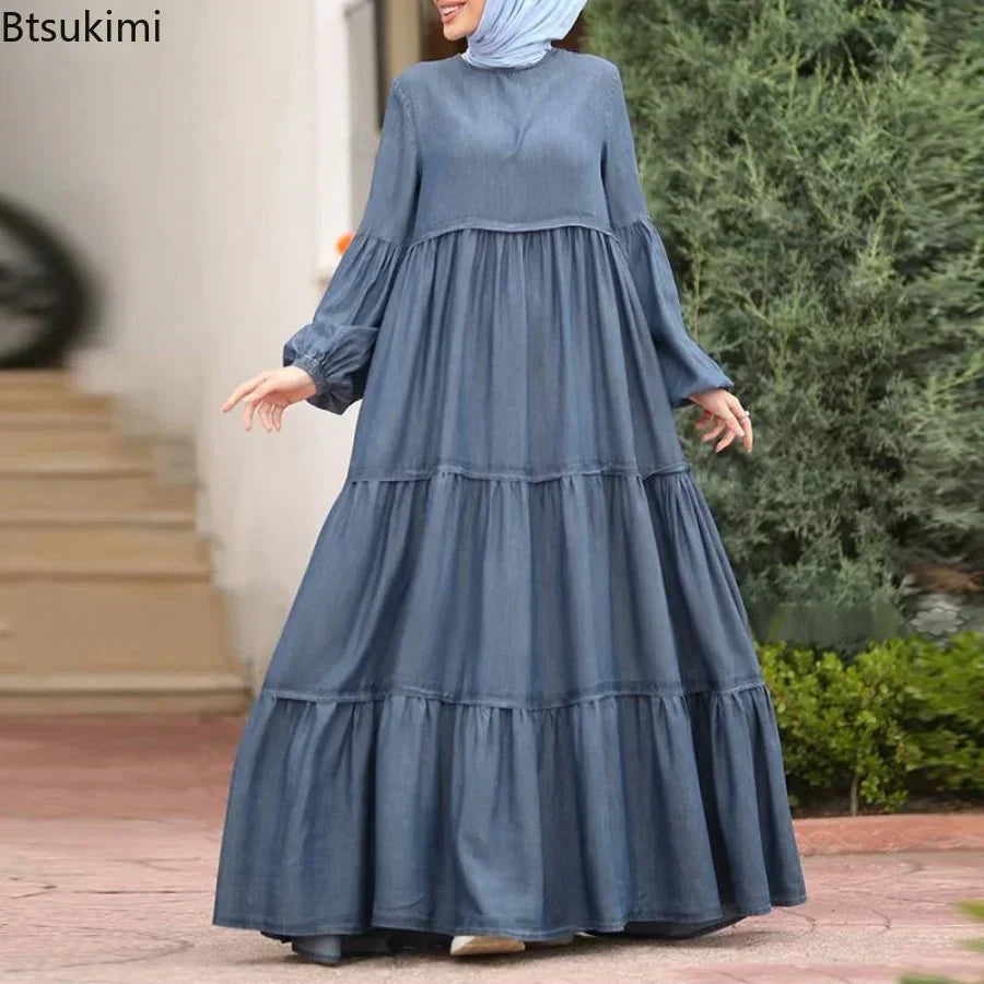 New 2025 Women's Casual Sun Dress Fashion Loose Muslim Dress Abaya Long Sleeve Islam Clothing  Abayas Women Dubai Robe Oversized