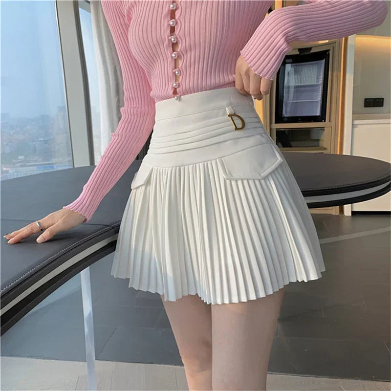 White Pleated Skirt Women  High Waist Skater Skirt Female Korean A-Line High Fashion Casual Short Skirt Women Bottoms