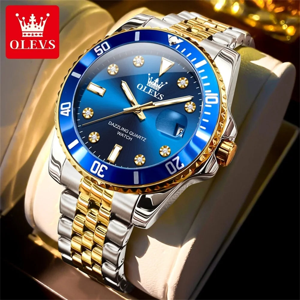 OLEVS 9809 Original Waterproof Quartz Watch For Men Top Brand Calendar Wristwatch Luminous Stainless Steel Business Man Watches