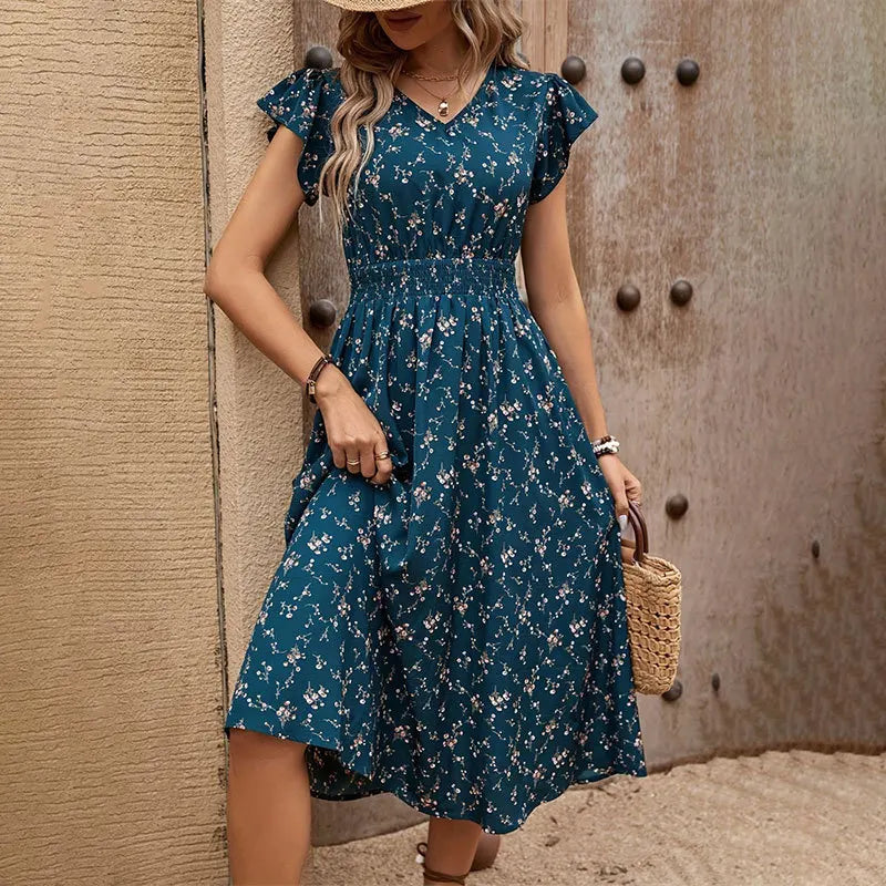 Elegant Floral Long Dress 2025 Summer Women's Fashionable V-neck Printed Short Sleeved Elastic Waist Casual Midi Dress Vestidos