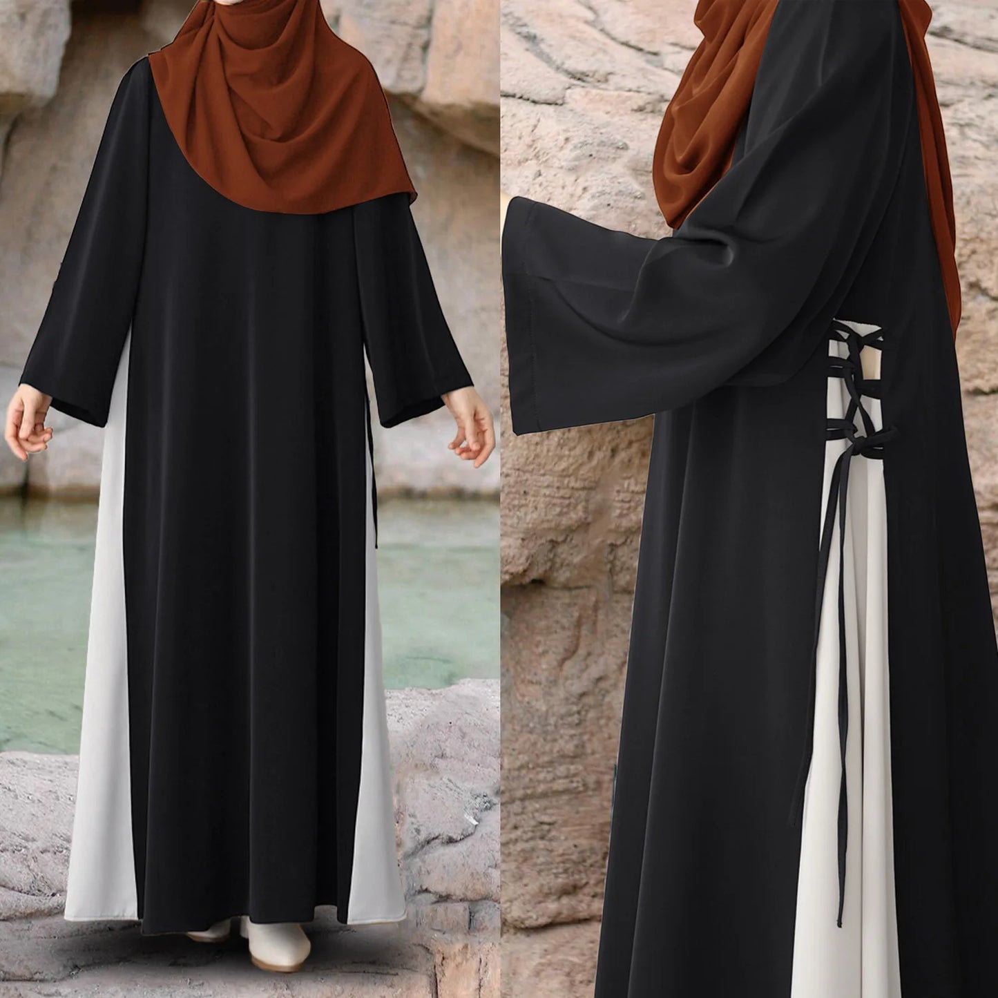 Muslim Women Modest Long Dress Patchwork Drawstring Arab Robe Vestidos Jalabiya Dubai Saudi Abayas Morocco Eid Ramadan Dresses