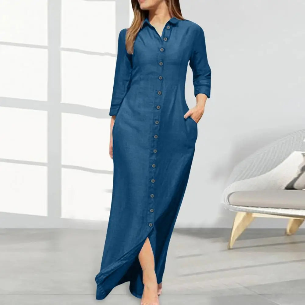 2024 Autumn Elegant Women's Denim Dress Long Sleeve Buttons Shirt Long Dress Female Fashion New Elegant Casual Ladies Clothes