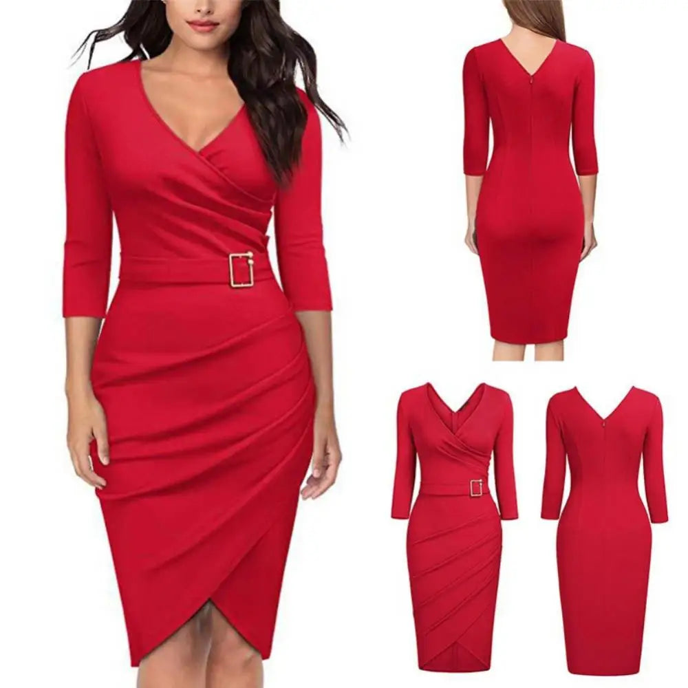 Hot apparel summer Solid Color Women V Neck 3/4 Sleeve High Waist Belted Irregular Pencil Dress