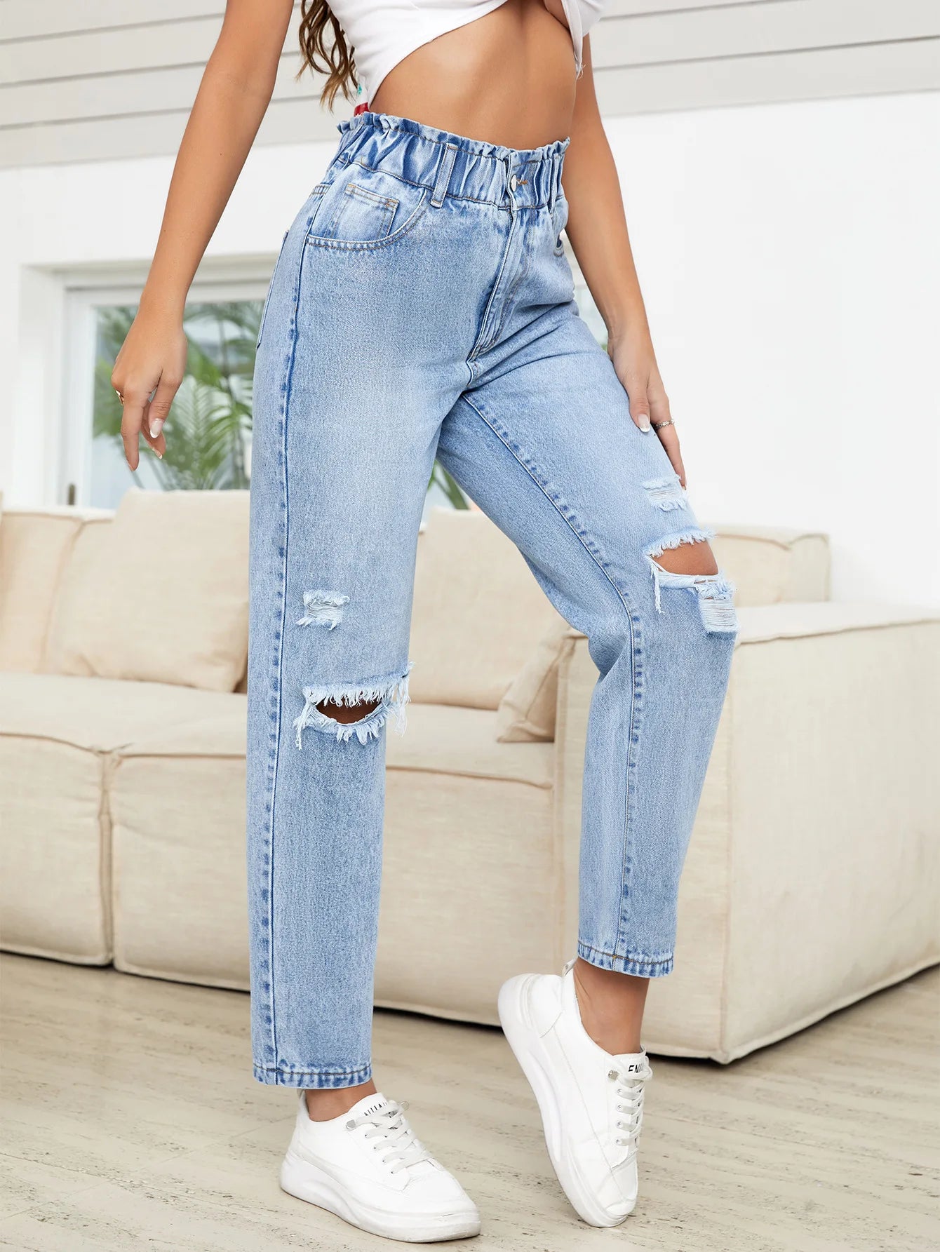 Ankle Length Holes Jeans ripped Distressed Straight Pants Denim Pockets Washed Elastic Waist High Street Solid Vintage 2024