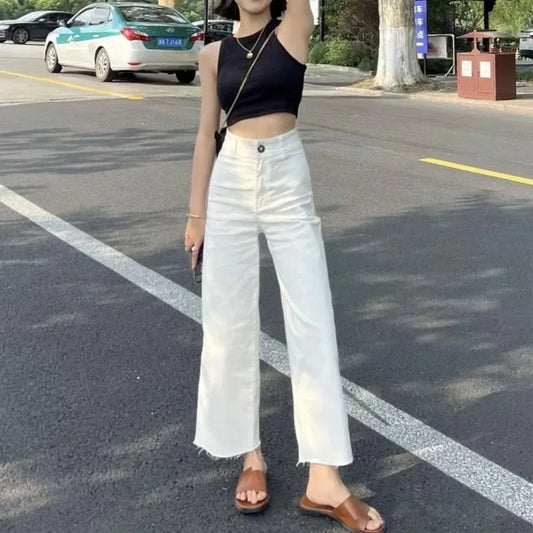 White Jeans Women Summer High Waist Rough Selvedge Ankle Length Straight Pants Woman Vintage Streetwear Wide Leg Denim Trousers