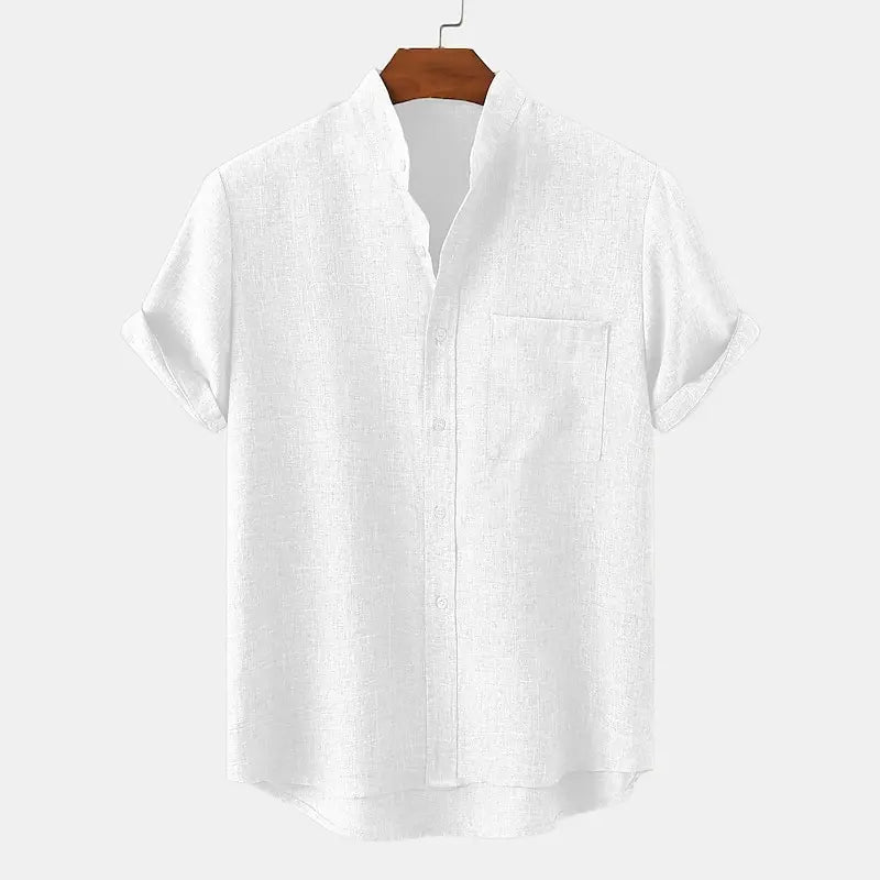 Men's tops linen 100% hot sale linen shirt half cardigan button stand collar solid color shirt linen European size