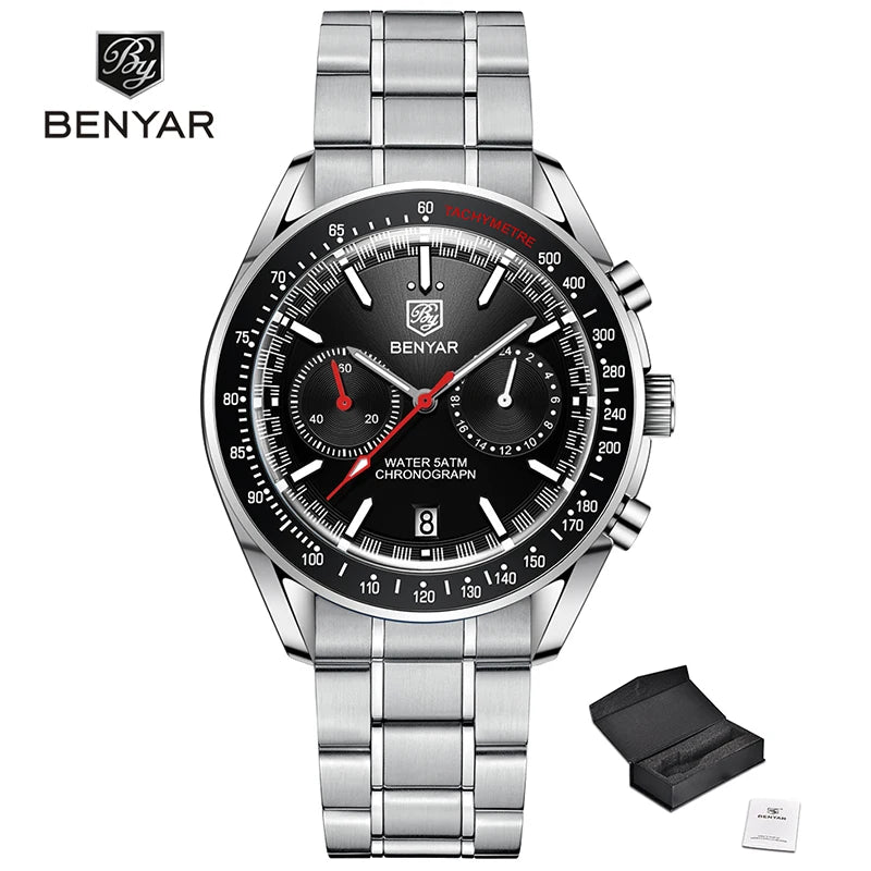 BENYAR 2023 New Moon Luxury Quartz Chronograph Men Watches Sports Waterproof Automatic Watch For Men Luminous Clock Reloj Hombre