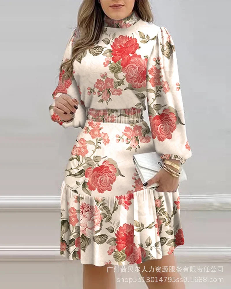 Women Print Floral Midi Dress Stand Collar Full Sleeve Dresses Tight High Waist Casual Vestidos Elegant Lady Autumn Winter