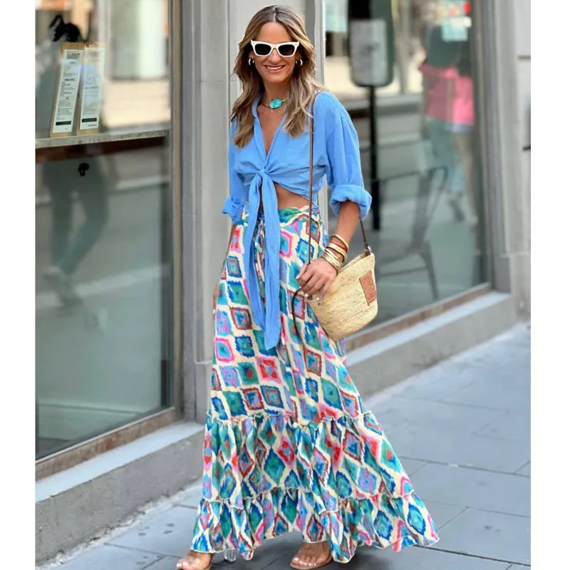 Ladies' Vacation Style Printed Skirt Long Skirt Summer Autumn New 2024 Oversized High Waisted Lace Up Elegant Ladies' Skirt