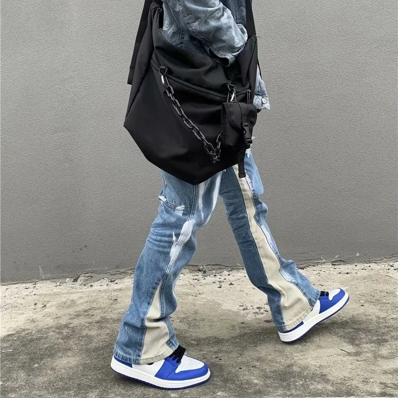 Stylish Men Flared Jeans Drawstring Elastic Waist Baggy Pants Straight Loosen Ink Spliced Denim Trousers Pantlones Hombre