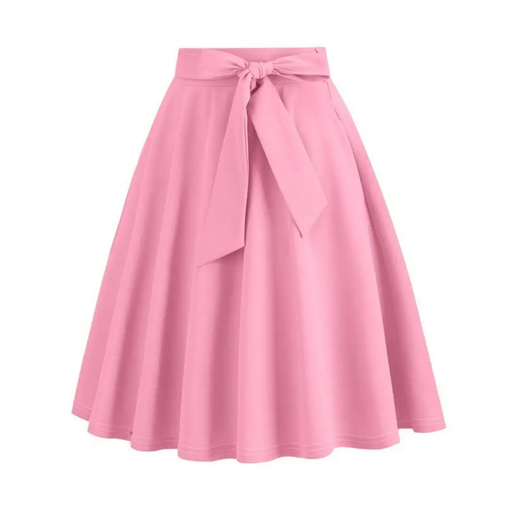 High Waist Ruffle Women Skirt Belted Tight Waist Bow Decor A-line Big Swing Summer Party Midi Skirt