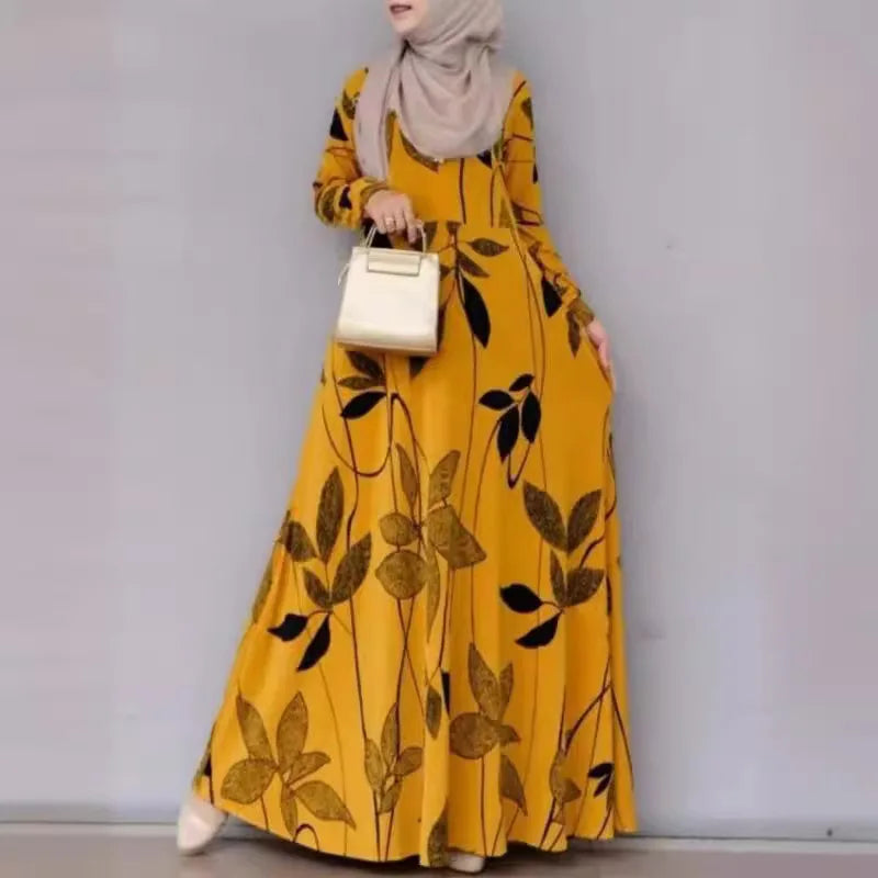 Muslim Printed Long Sleeve Dress for Women Casual Bohemian Robes Holiday Muslim Dress Dubai Full Length Abaya Turkey Spring Robe