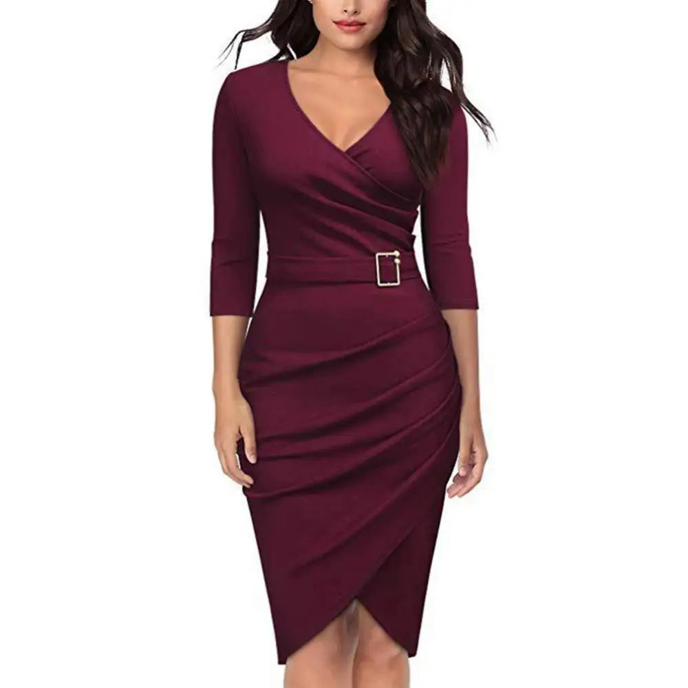 Hot apparel summer Solid Color Women V Neck 3/4 Sleeve High Waist Belted Irregular Pencil Dress